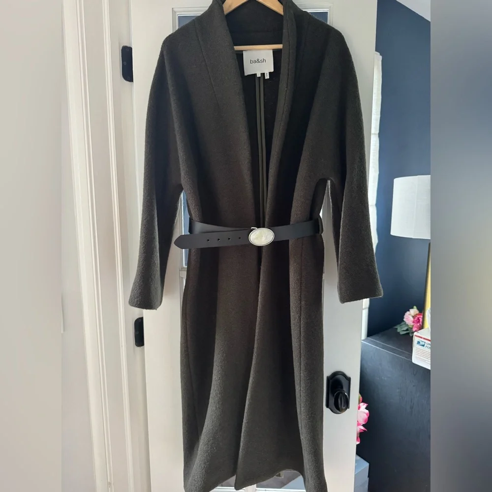 NWT ba&sh khaki “Colin” shawl collar long coat Size Large - Picture 2 of 16
